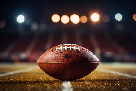 American football ball on green field at night. Generative AIの素材