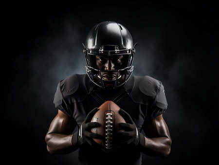 American football player in jersey and helmet holding ball against black background. Generative AIの素材