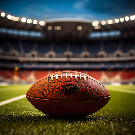 Close up of American football on stadium field with yard line markings and spotlight with blurred background.Generative AIの素材