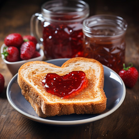 Toast with jam in shape of hearts on wooden background, Ai Generateの素材
