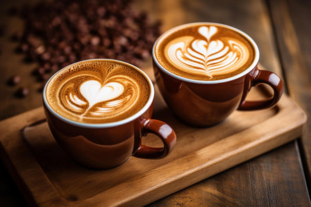 Couple Hot Coffee  with heart foam latte art on Table for Valentine's day, Ai Generateの素材