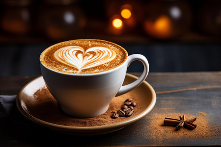 Hot Coffee  with heart foam latte art on Tablefor Valentine's day  ,Ai Generateの素材