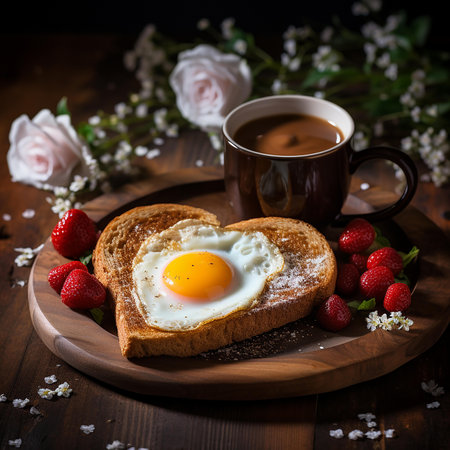 Heart shaped fried egg with toastand coffee .Valentine's day concept ,Ai Generateの素材