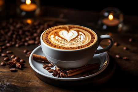 Hot Coffee  with heart foam latte art on Tablefor Valentine's day  ,Ai Generateの素材