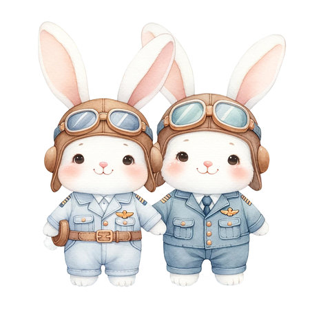 couple  happy bunny wear pilot suit and goggles  on transparent background .Watercolor illustration.の素材
