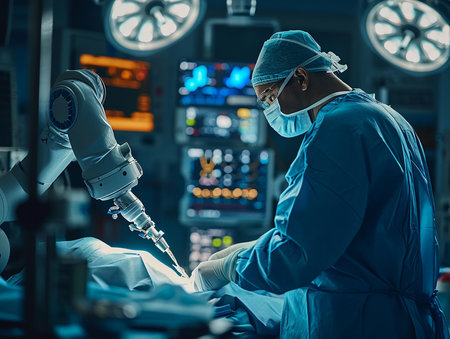 A skilled surgeon focuses intently while operating with robotic surgical equipment in a well-equipped modern operating theater.の素材