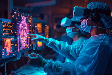 Medical team using virtual reality to examine digital lung imagery in a modern operating room.の素材
