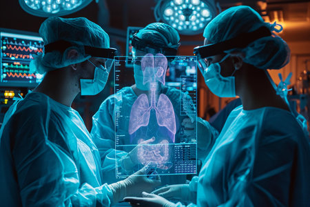 Medical team using virtual reality to examine digital lung imagery in a modern operating room.の素材