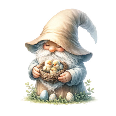 Easter Gnome with a Nest of Baby Birds watercolor clipart  Concept of Easter day . AI Generateの素材
