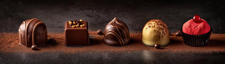 An indulgent close-up of assorted gourmet chocolate truffles, each with unique toppings and textures, on a dark background.の素材