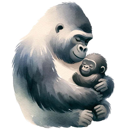 Gorilla mom and baby love watercolor clipart  isolated on transparent Background. Mother s day theme.の素材