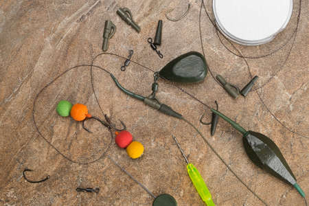 Baits, hooks, sinkers, ledcor is preparing for carp fishingの写真素材