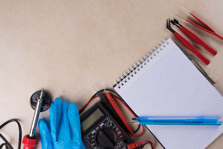 Multimeter, soldering tool and hand tools for electronics assemblyの写真素材