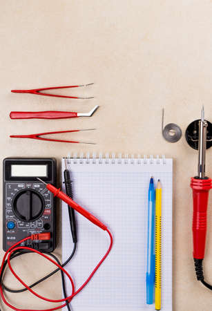 Multimeter, soldering tool and hand tools for electronics assemblyの写真素材
