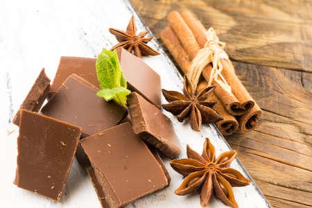 Pieces of chocolate, cinnamon, mint and star anise on a cutting Board. Copy pasteの写真素材