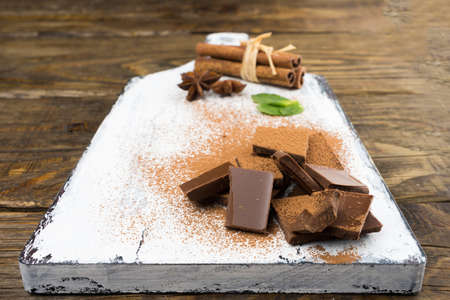 Pieces of chocolate, cinnamon, mint and star anise on a cutting Board. Copy paste