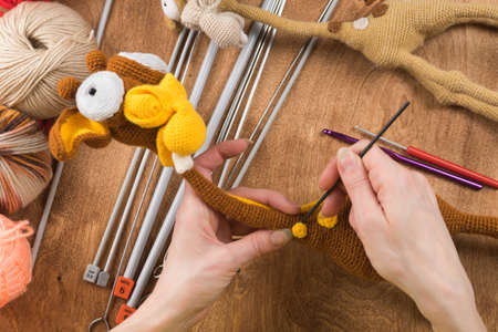 A woman knits a wool toy with hook. Hands close-up.の写真素材