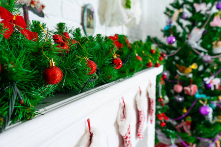 Christmas decorations adorn the fir-tree branches on the Christmas tree.の写真素材