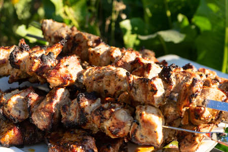 Barbecue on the grill. Ready-made pieces of meat on skewersの写真素材