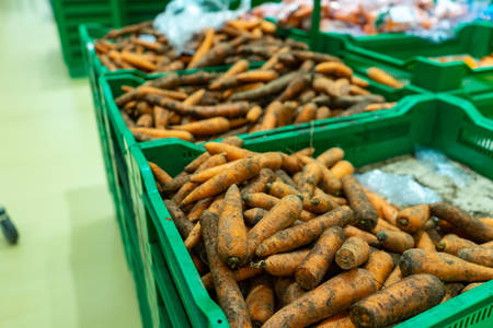 Carrot in plastic boxes in a vegetable shop.の写真素材