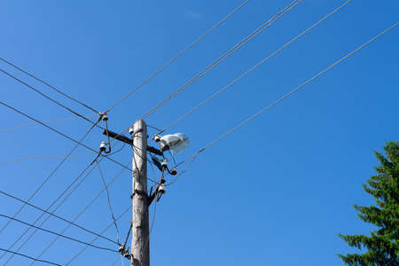 Old wooden electric pole with a lamp and many cables that run in different directions. Cloud sky.