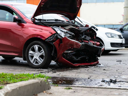 An accident on the street, damaged cars after a collision in the city.