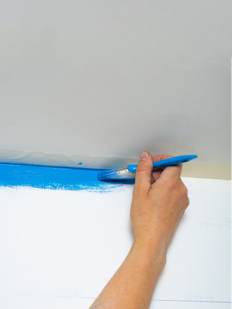 A professional painter uses a brush to apply paint to the wall. Painting the walls in blue.の写真素材