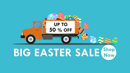 Vector illustration of truck carry colorful easter egg - Easter for sale banner background templateのイラスト素材