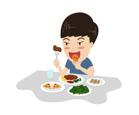 Vector illustration of a boy enjoy eating meal yummy on table - character cartoonのイラスト素材