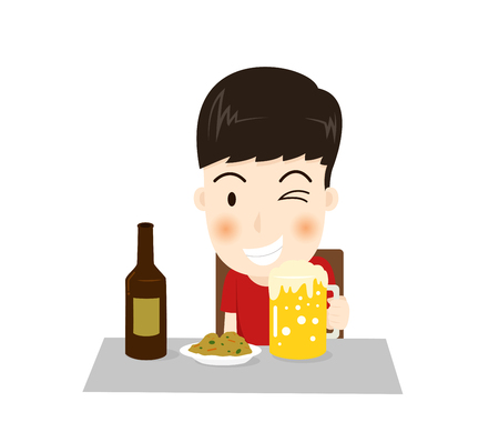 Cartoon a happy man character drinks beer with side dish isolated on white background - Vector illustrationのイラスト素材
