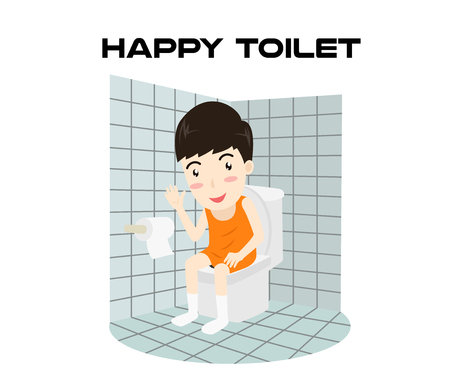 Cartoon happy man sitting on a toilet and smiling isolated on white background - Vector illustrationのイラスト素材
