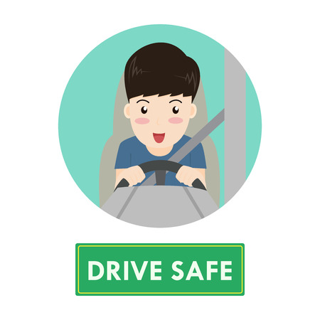 Cartoon happy man drive car safely concept - Vector illustrationのイラスト素材