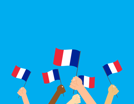 Vector illustration hands holding France flags on blue backgroundのイラスト素材