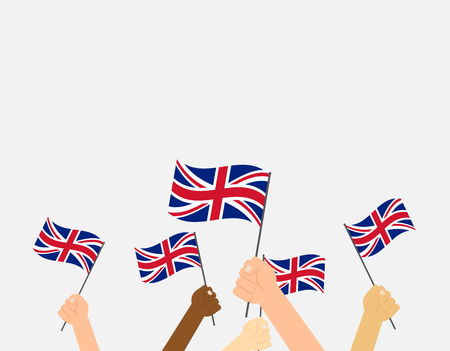Vector illustration hands holding United Kingdom flags on gray backgroundのイラスト素材