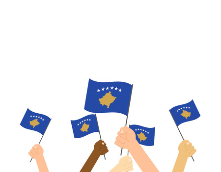 Vector illustration hands holding Kosovo flags isolated on white backgroundのイラスト素材