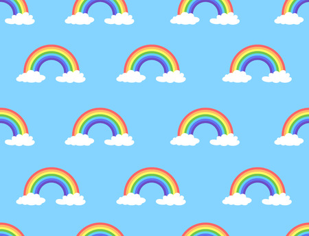 Vector illustration of rainbow and cloud seamless pattern on blue backgroundのイラスト素材