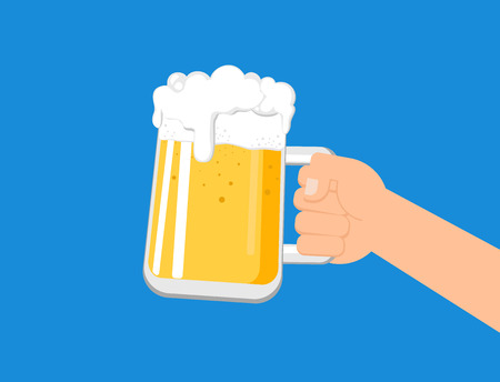 Hands holding a beer mug isolated on blue background - Vector illustrationのイラスト素材