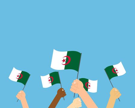 Vector illustration of hands holding Algeria flags isolated on blue backgroundのイラスト素材