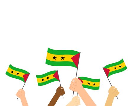 Vector illustration of hands holding Sao Tome and Principe flags isolated on white backgroundのイラスト素材
