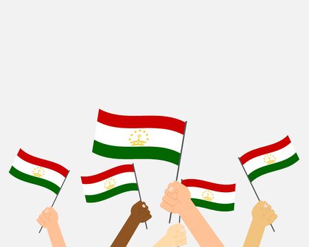 Vector illustration hands holding Tajikistan flags on white backgroundのイラスト素材