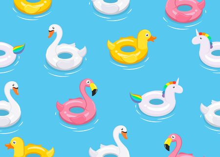 Seamless pattern of colorful animals floats cute kids toys on blue background  - Vector...