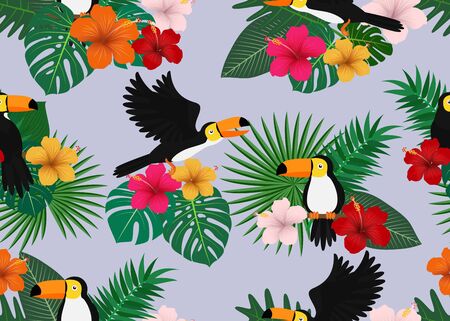 Seamless pattern of tropical floral with leaves and toucan bird on nature background  - Vector illustrationのイラスト素材