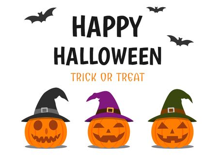 Halloween greeting card with smile pumpkin devil wearing witch hat on white background - Vector illustrationのイラスト素材