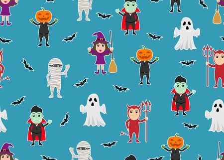 Seamless pattern of character cartoon Halloween monster costume on blue background - Vector illustrationのイラスト素材