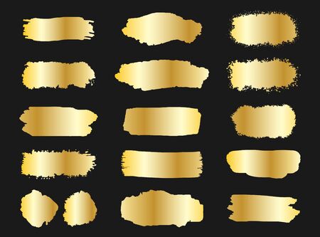 Collection of golden grunge brush stroke vector set isolated on dark background.のイラスト素材