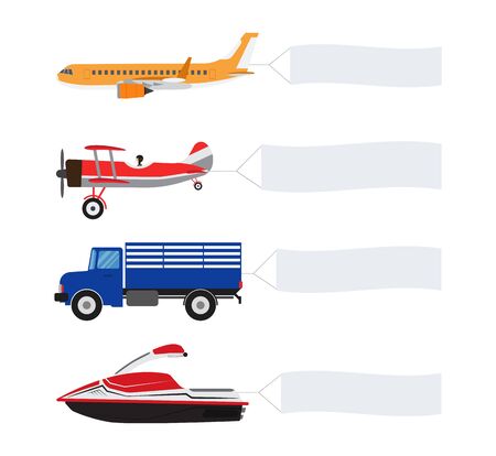 Collection of vehicle and transportation with advertising banner on white background.のイラスト素材