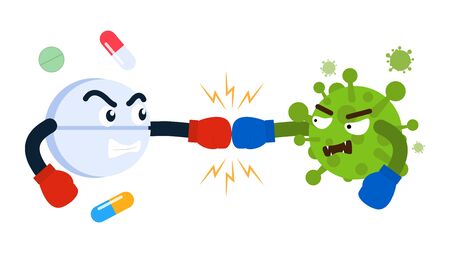 Cute Character cartoon pill wearing boxing gloves fight with virus - Vector illustrationのイラスト素材