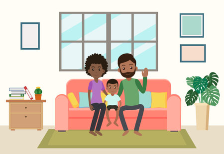 Cartoon happy african family stay home on sofa in the living room - Vector illustrationのイラスト素材