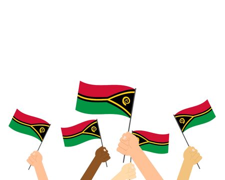 Vector illustration of hands holding Vanuatu flags isolated on white backgroundのイラスト素材