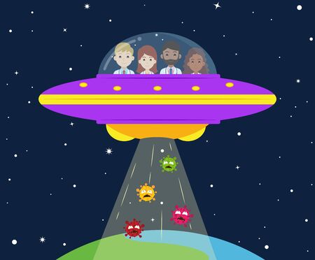 Vector illustration of medical team in UFO abducts virus from earth